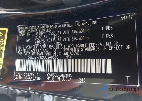 2018 Toyota Highlander Le Plus из США, поврежденный, VIN 5TDZZRFH9JS240550